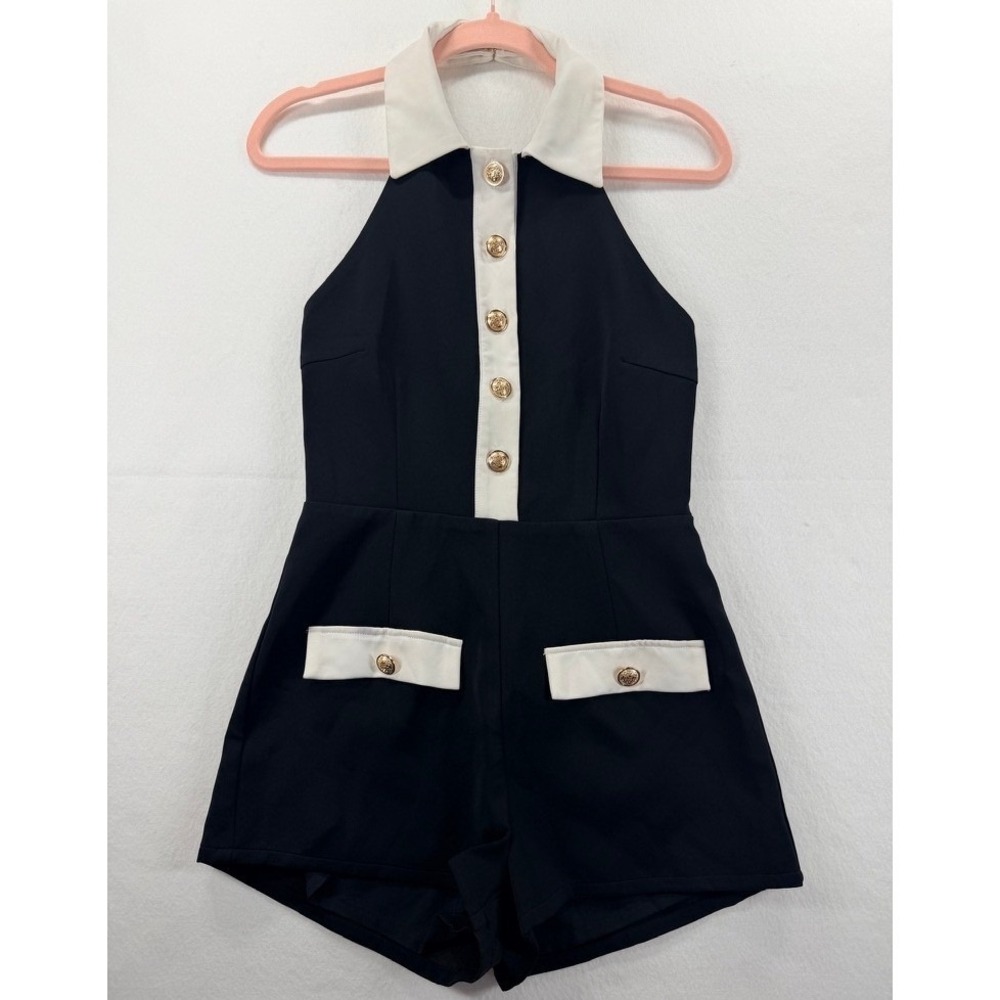 NEW All The Ways Jemma Romper Black White Gold Button Halter S NWOT